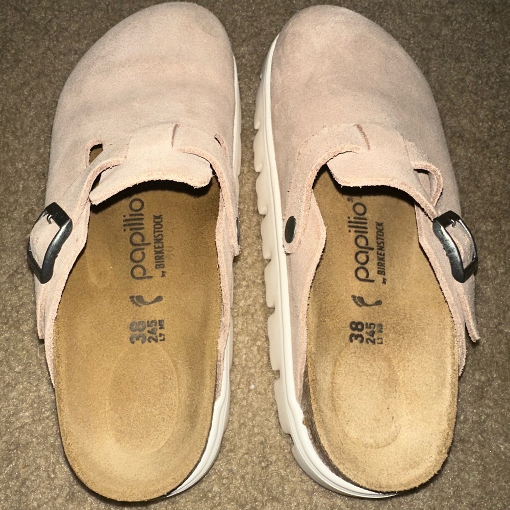 Birkenstock Suede Sandals in Tan and White - Picture 6 of 7